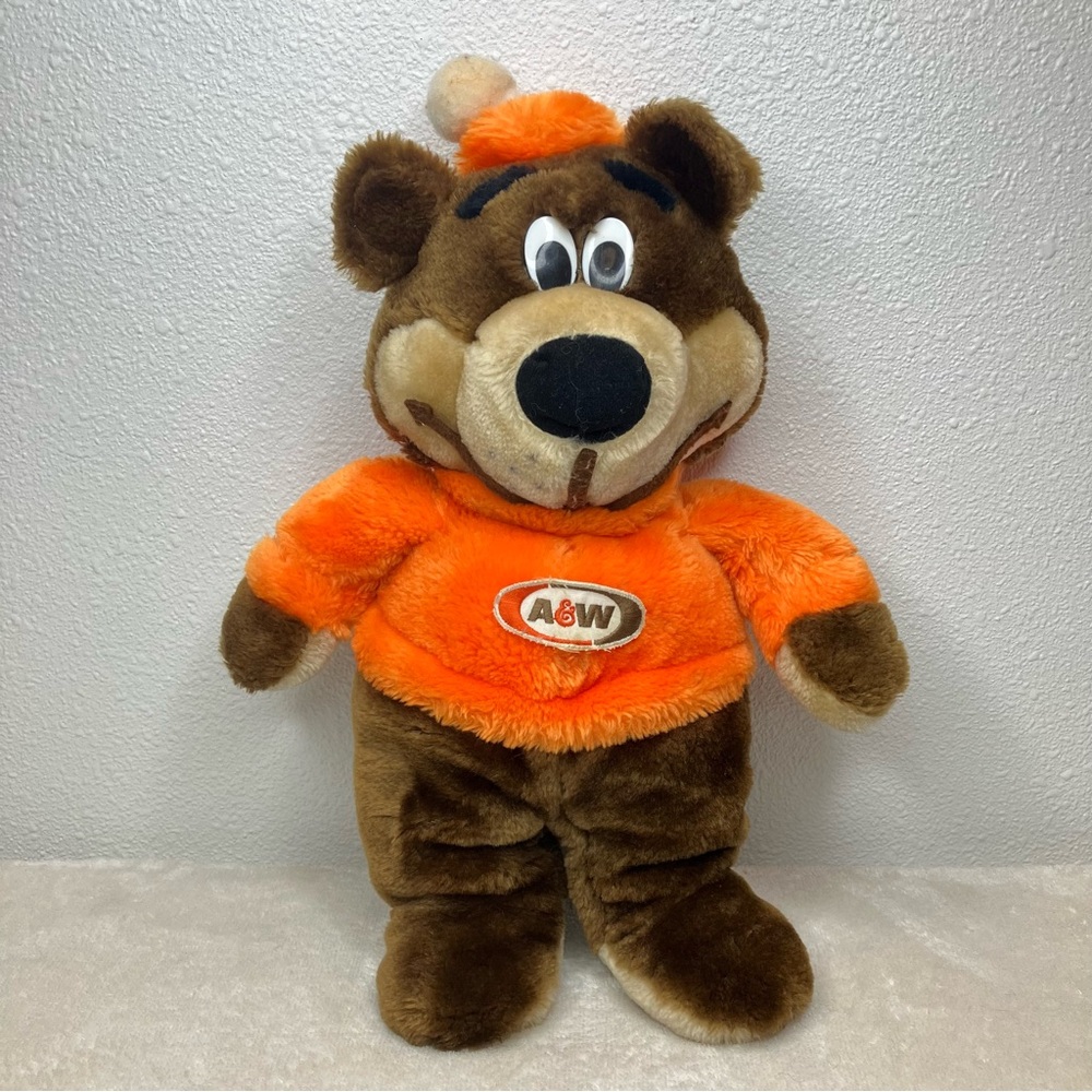 Vintage A&W Root Beer Stuffed Bear Rooty Plush Mascot 16" Brown Orange Stuffie